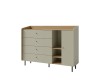 Moderne Kommode in Beige und Eiche mit vier Schubladen und offenem Regalelement.