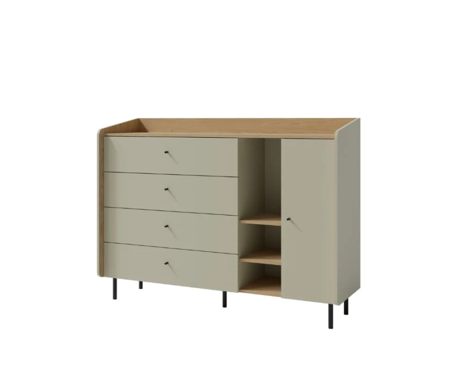 Moderne Kommode in Beige und Eiche mit vier Schubladen und offenem Regalelement.