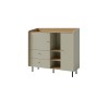 Modernes Sideboard in Salbeigrün und Holzoptik mit schwarzen Füßen.