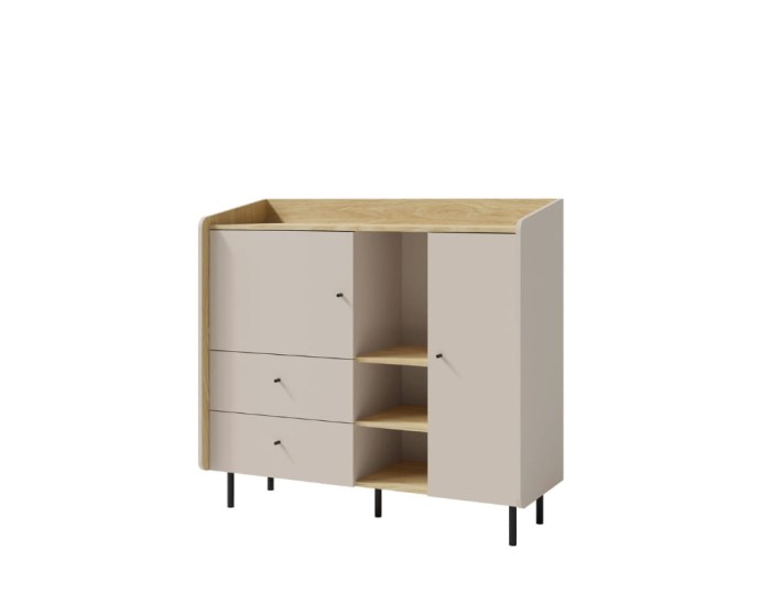 Elegante Kommode in Beige und Eiche-Optik mit modernen schwarzen Metallbeinen.