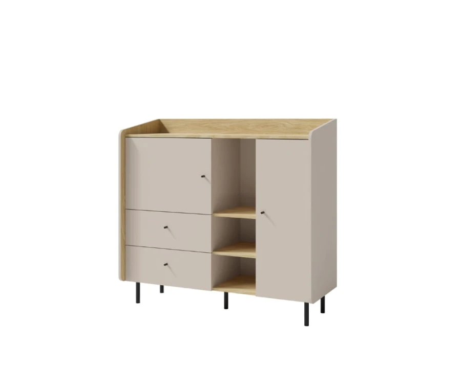 Elegante Kommode in Beige und Eiche-Optik mit modernen schwarzen Metallbeinen.