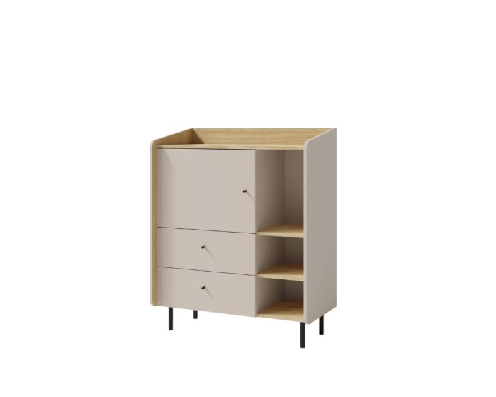 Moderne beige Kommode mit Eiche-Details, Schubladen und offenen Fächern für Wohn- oder Kinderzimmer