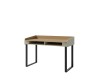 Moderner Schreibtisch in Eiche und Beige mit schwarzen Metallbeinen und Ablagefächern.