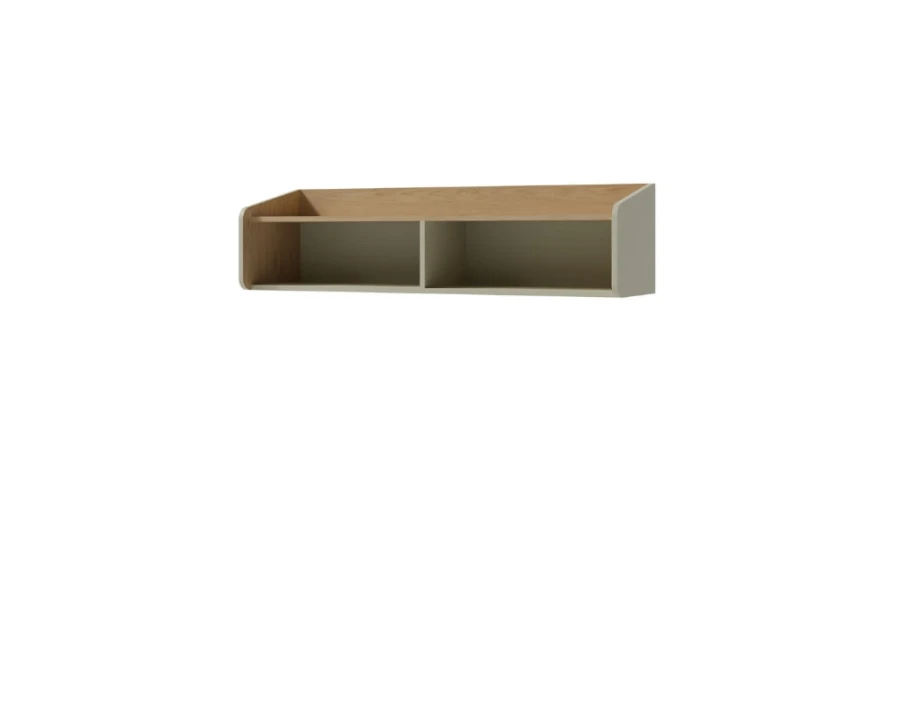 Two-part wall shelf in oak imitation and beige for wall mounting.