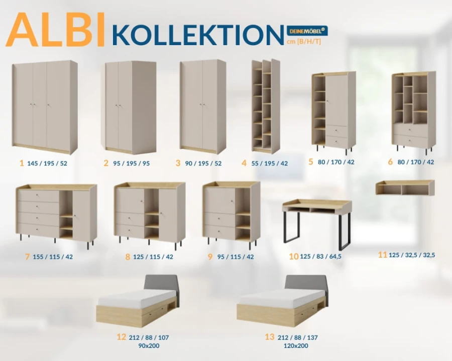 Übersicht der Albi Möbelkollektion mit Schränken, Kommoden und Betten in Beige und Eiche inklusive Maßen.