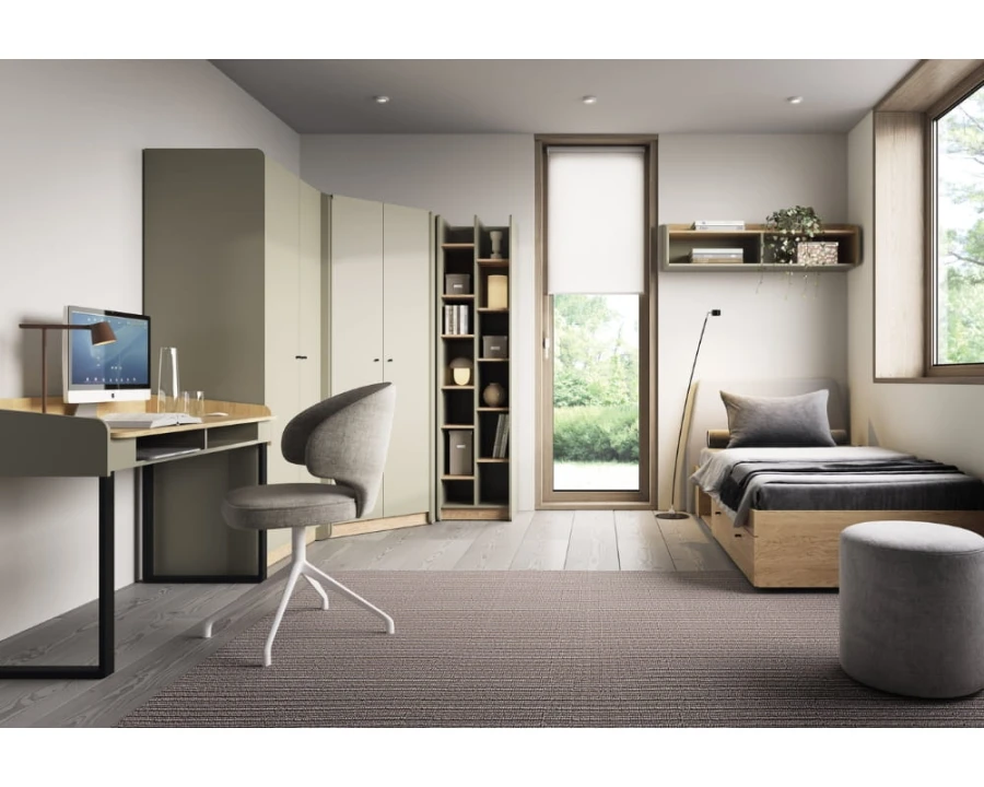 Moderne tienerkamerset Albi met bureau, hoekkast en bed in licht houtdesign.