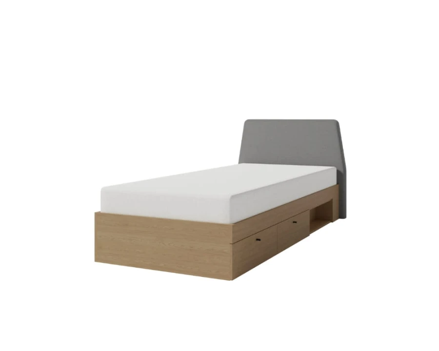 Einzelbett mit Holzrahmen, graues Polsterkopfteil und praktischen Schubladen.