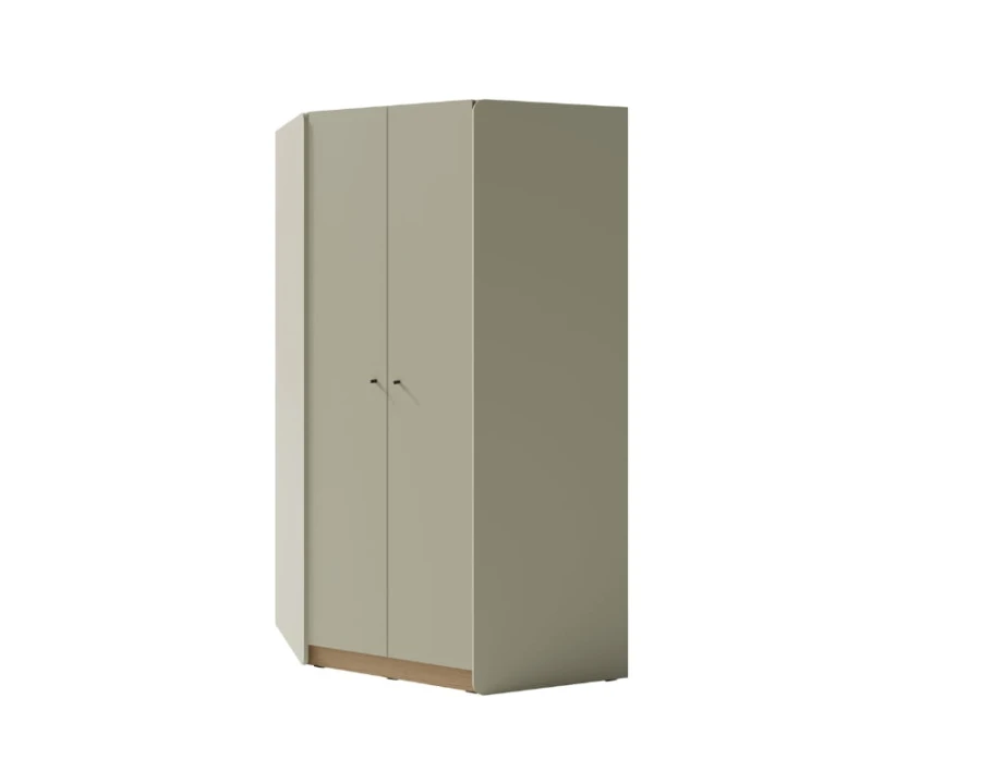 Dreitüriger Kleiderschrank in Salbeigrün mit minimalistischem Design und Holzsockel.
