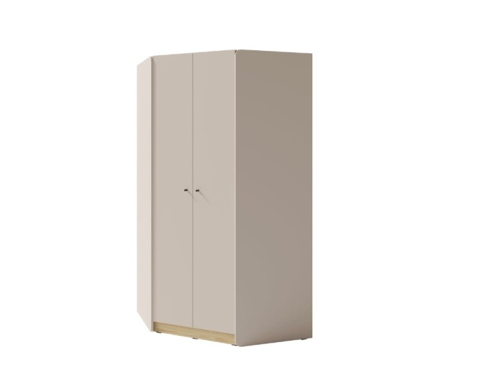 Beiger Eckkleiderschrank mit zwei Türen und Sockel in natürlicher Holzoptik.