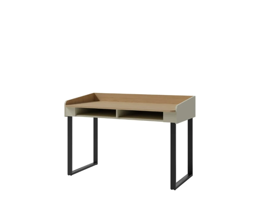 Moderner Schreibtisch Eiche hell mit schwarzen Metallfüßen und Ablagefächern.