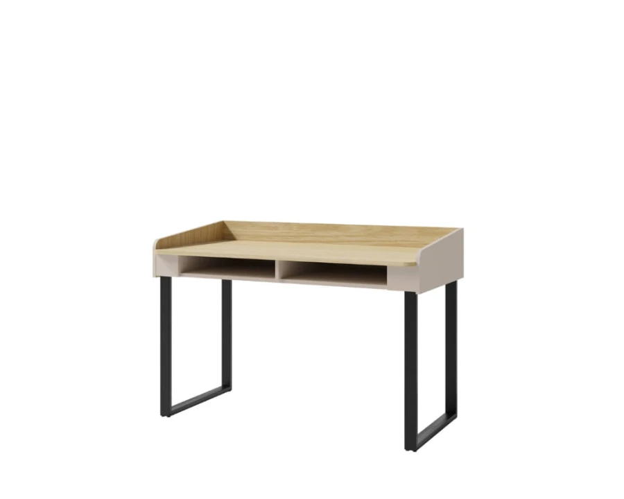 Stilvoller Arbeitstisch mit Holzplatte, schwarzen Metallbeinen und funktionalem Stauraum.