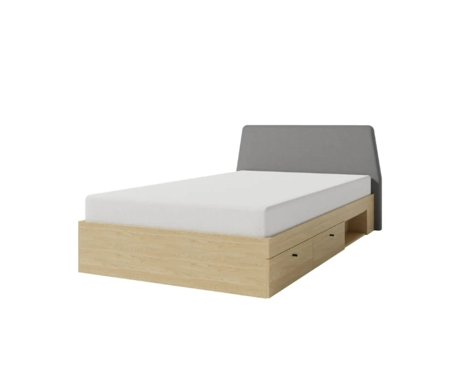 Modernes Stauraumbett mit grauem Stoffkopfteil und Holzrahmen inklusive Auszug-Schubladen.