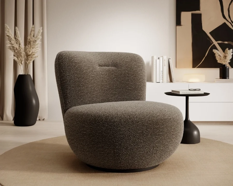 Moderner grauer Teddy-Sessel in minimalistischem Design, gemütlicher Loungesessel.