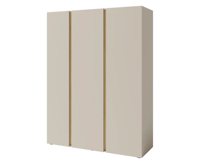Dreitüriger Kleiderschrank in Sandbeige mit stilvollen Holzleisten für ein modernes Schlafzimmer.