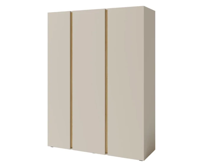 Three-door wardrobe in sand beige with stylish wooden slats for a modern bedroom.