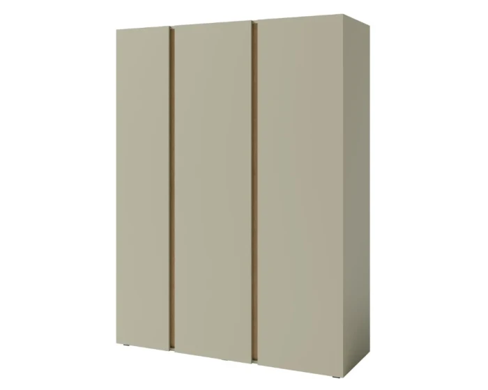 Großer dreitüriger Schrank in neutralem Beige mit Holzdekor-Griffen auf weißem Hintergrund.
