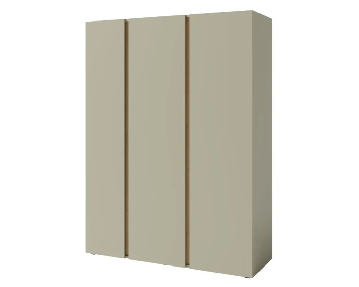 Large three-door wardrobe in neutral beige with wood-decor handles on a white background.