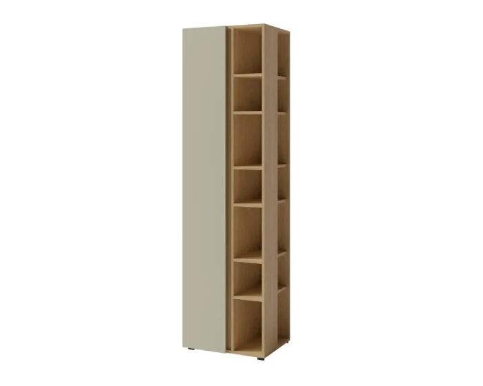 Schmales Regal in Eiche-Optik und Beige mit offenen und geschlossenen Fächern.