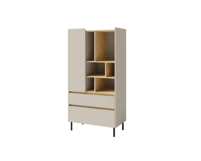 Beiges LIBU Highboard mit offenem Holzregal, zwei Schubladen und schlanken schwarzen Füßen.