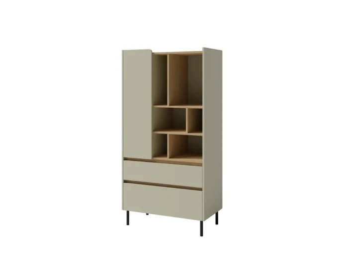 Modernes Highboard in Salbeigrün mit offenen Regalfächern und schwarzen Metallbeinen.