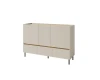 Elegantes Sideboard in Beige mit drei Türen und Schubladen auf schwarzen Metallfüßen.