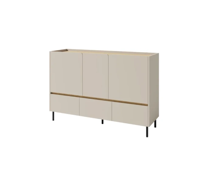 Elegantes Sideboard in Beige mit drei Türen und Schubladen auf schwarzen Metallfüßen.