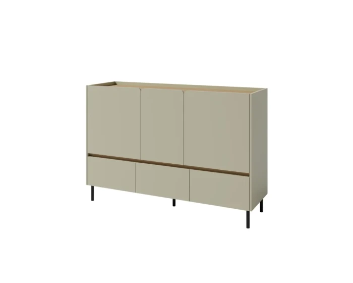 Modernes beiges Sideboard 150cm mit 3 Türen und 3 Schubladen auf schwarzen Füßen.