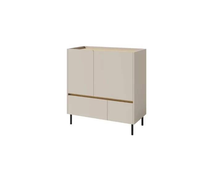 Beiges Highboard mit zwei Türen und Schubladen auf eleganten schwarzen Metallbeinen.