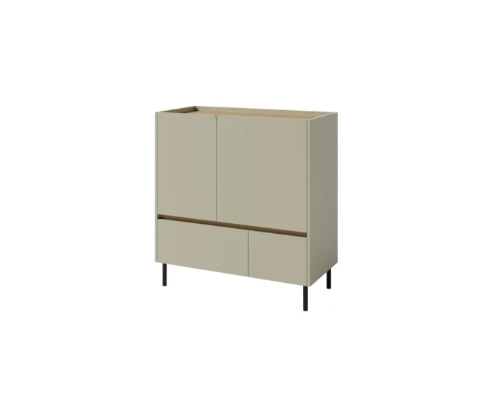 Salbeigrünes Highboard mit Holzdetails und schwarzen Füßen, modernes Design für das Wohnzimmer.
