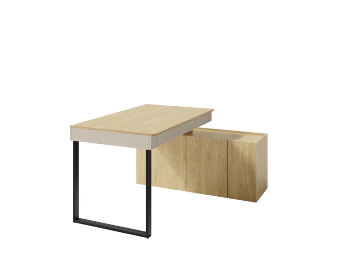 L-förmiger Schreibtisch in Eichenoptik mit integriertem Sideboard und stabilen schwarzen Metallfüßen.
