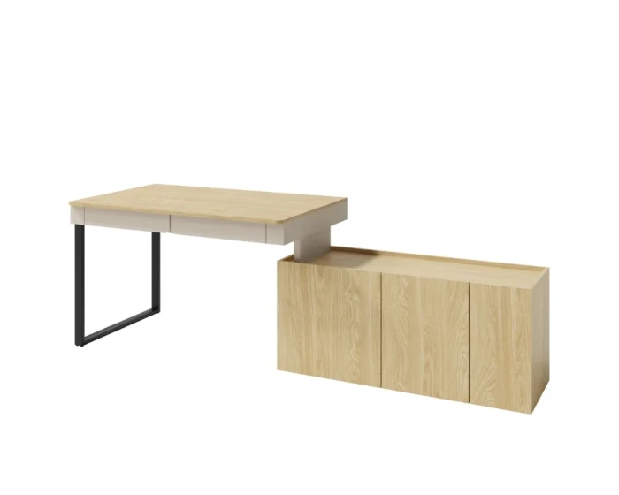 Moderner Winkelschreibtisch aus hellem Holz mit viel Stauraum im passenden Unterschrank für das Home Office.