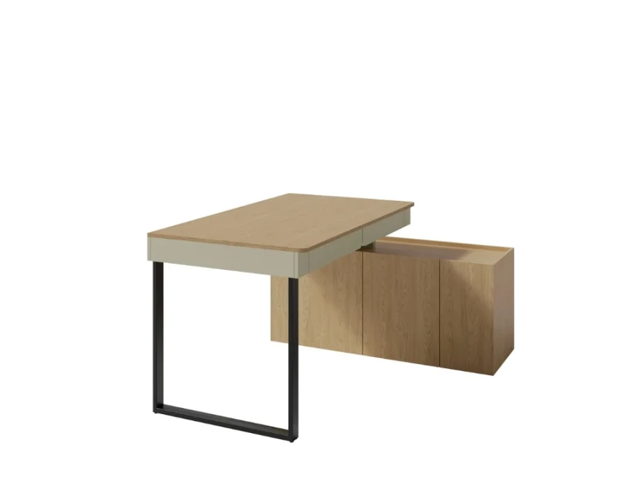 Minimalistischer Arbeitstisch in Holz-Optik mit beigen Schubladen und angeschlossenem Sideboard.