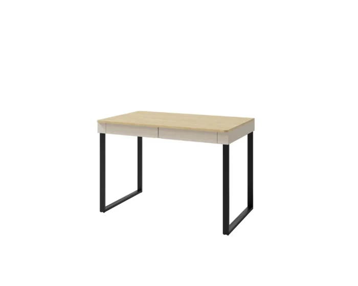 Minimalistischer Schreibtisch mit heller Holzplatte, beigen Schubladen und schwarzen Metallbeinen.