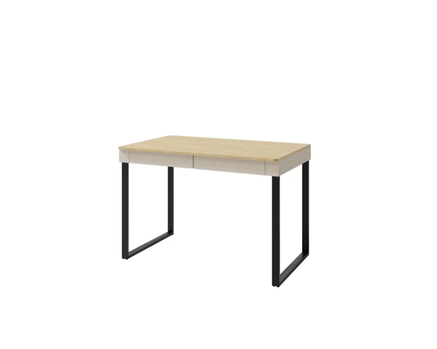 Minimalistischer Schreibtisch mit heller Holzplatte, beigen Schubladen und schwarzen Metallbeinen.