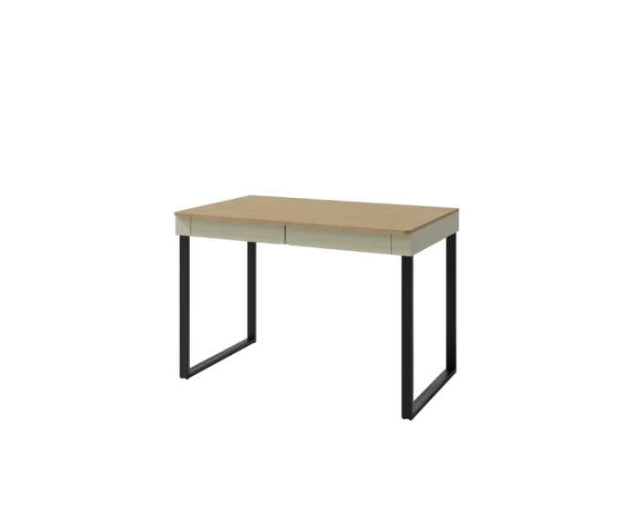 Moderner Schreibtisch in Eichenoptik mit grauen Schubladen und schwarzem Metallgestell.