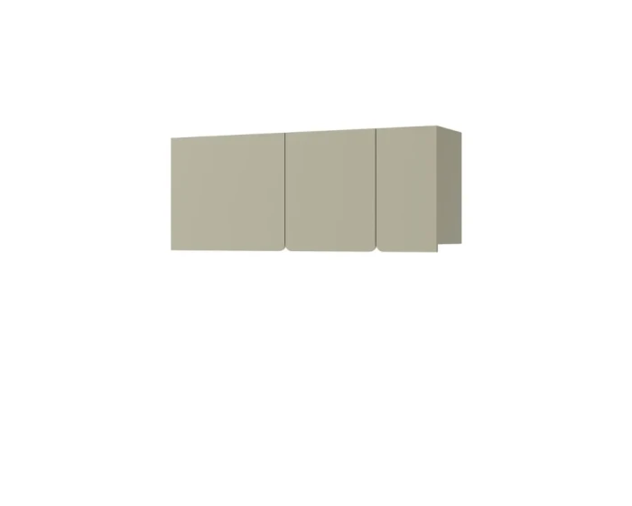 Minimalistischer Wandschrank in Beige mit drei grifflosen Türen.
