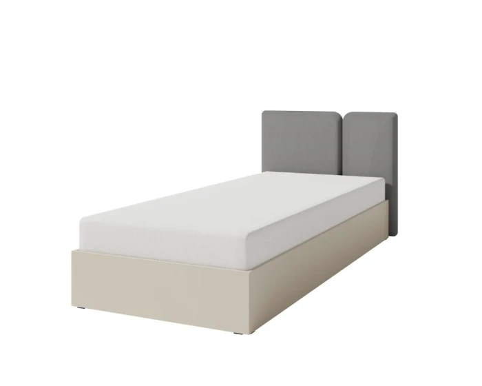 Modernes Einzelbett mit beigem Bettgestell und grau gepolstertem Kopfteil.