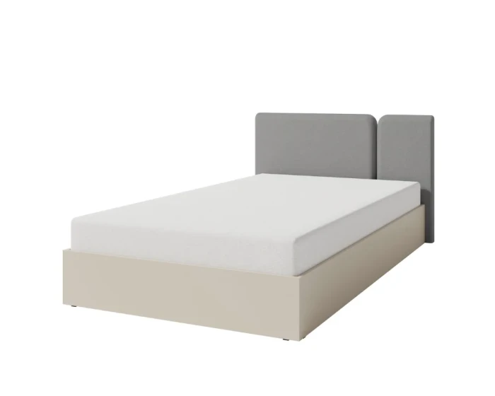 Modernes Einzelbett mit grauem Polsterkopfteil und hellem Holzkorpus auf weißem Hintergrund.