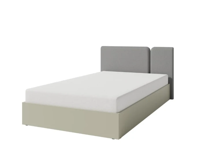 Stilvolles Doppelbett mit zweigeteiltem grauem Kopfteil und beigem Rahmen in minimalistischem Design.