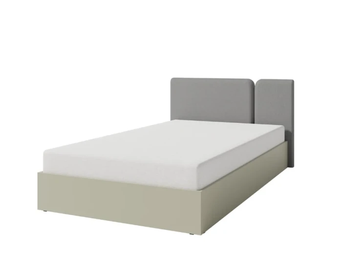 Stylish double bed with a split grey headboard and beige frame in a minimalist design.