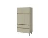 Schlichter Highboard-Schrank in Olivgrau mit Holzleisten und schwarzen Füßen im modernen Stil.