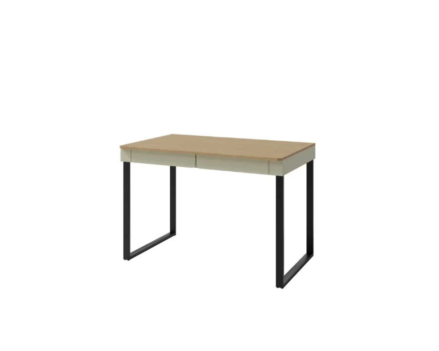 Home-Office Schreibtisch in Olivgrau mit Holz-Tischplatte und schwarzen Metallbeinen.