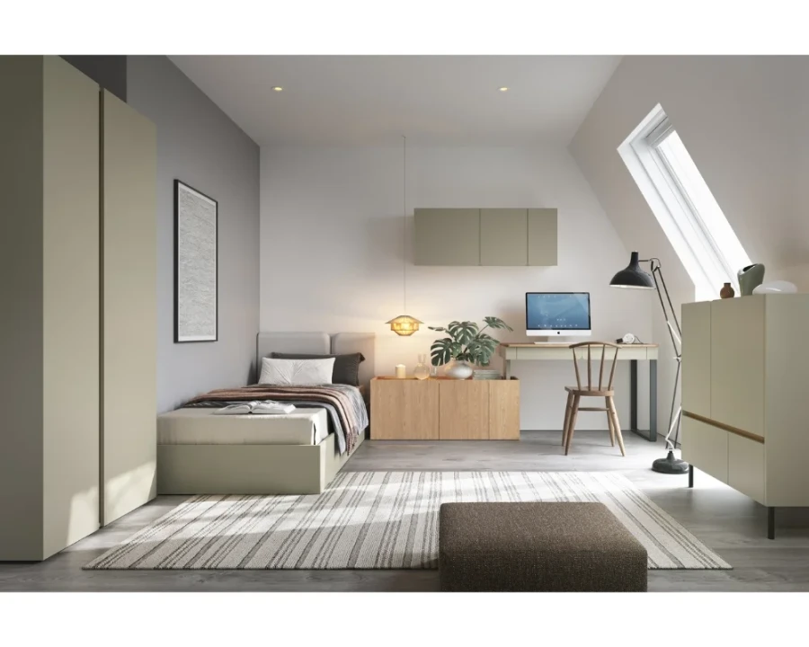Modernes Jugendzimmer-Set mit Bett, Schreibtisch und Kleiderschrank in Beige.