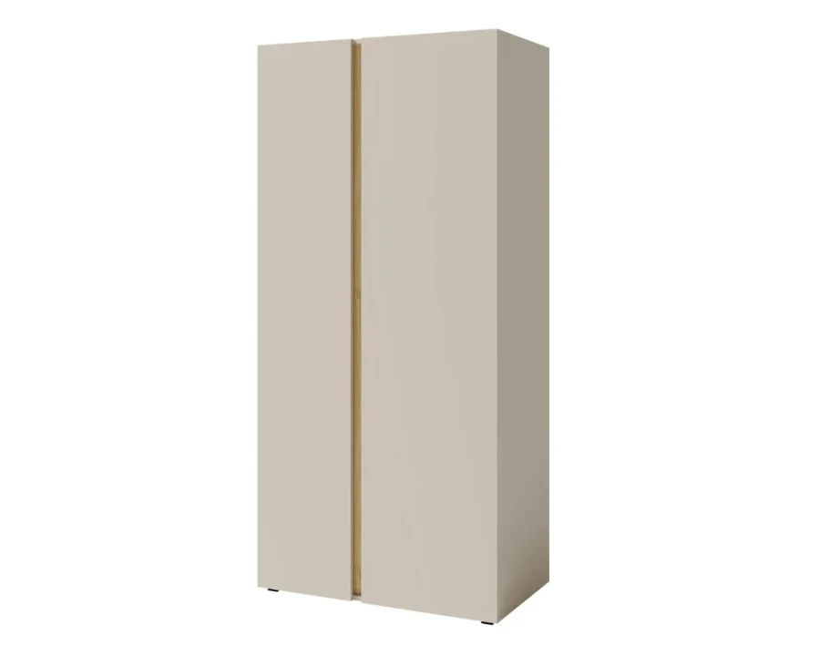 Elegante tweedeurs kledingkast in beige met houtaccent.