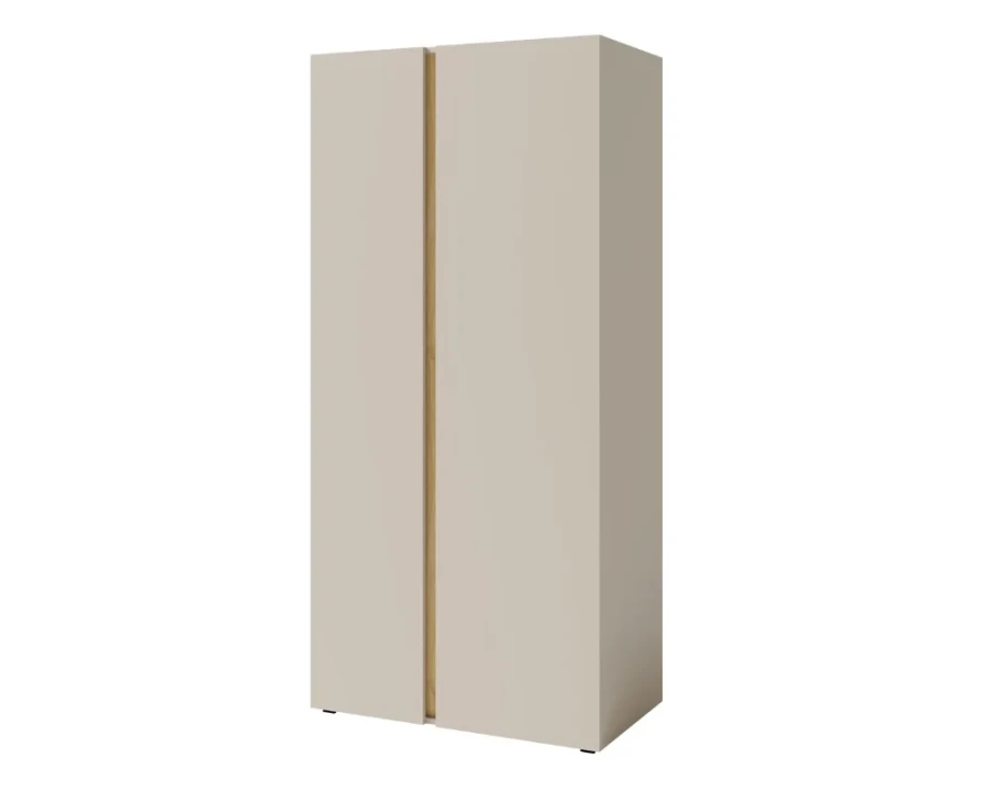 Eleganter zweitüriger Kleiderschrank in Beige mit Holz-Akzent.