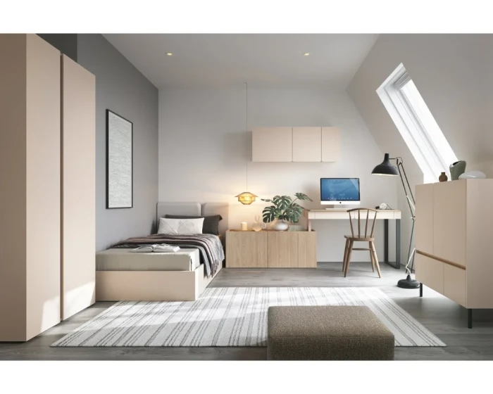 Helles Jugendzimmer mit Libu Möbeln: Bett, Schreibtisch und Kleiderschrank in modernem Design.