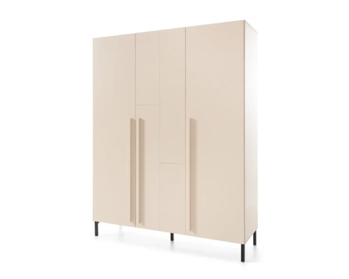 Dreitüriger Kleiderschrank Sorento in Beige mit minimalistischen Griffen und schwarzen Beinen.