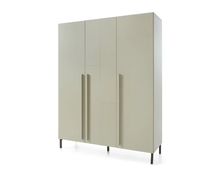 Moderner Kleiderschrank Sorento in Salbeigrün, dreitürig mit schlanken Griffen für das Schlafzimmer.