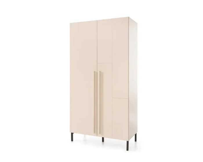 Beiger zweitüriger Kleiderschrank in modernem, minimalistischem Design mit langen Griffen.