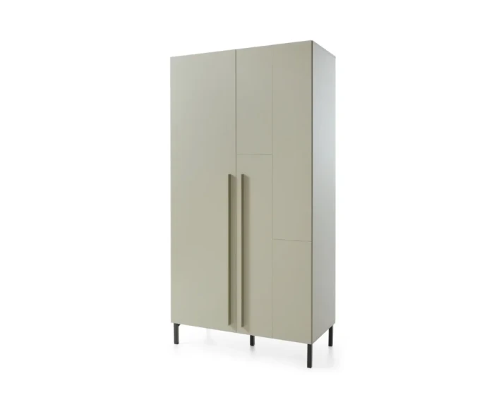 Modern two-door wardrobe in sage green with simple vertical handles.